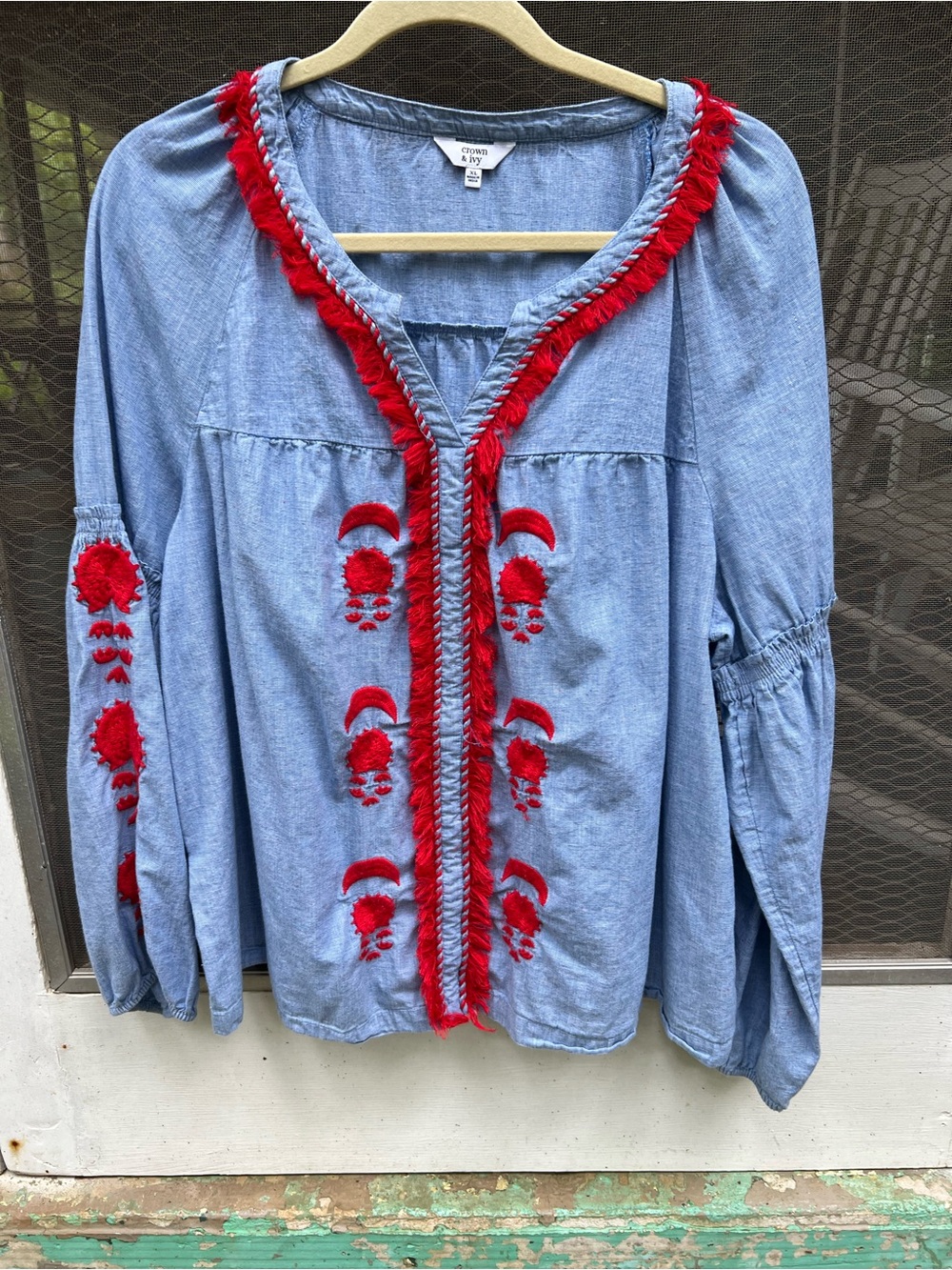 crown & ivy Chambray Tunic with Red Embroidered Trim